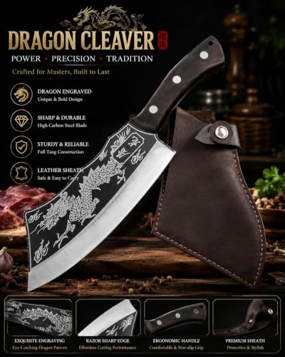 Image of Dragon Engraved Butcher Knife with Leather Sheath | High Carbon Steel Meat Cleaver | Razor Sharp Kitchen Chopper Knife for Meat, Chicken, Fish & Vegetables | Ergonomic Wooden Handle