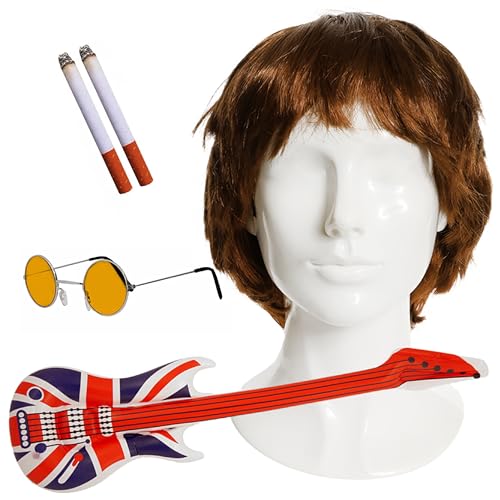 Adults Rock Band Accessory Set - Brown Wig, Round Blue Glass