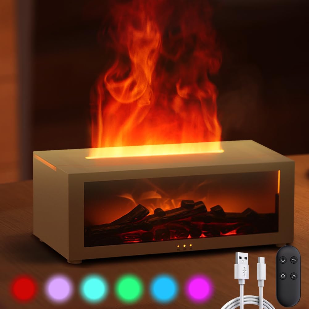 Difusor de aroma blanco con efecto de 7 llamas, difusor de aceites esenciales de 150 ml, humidificador con temporizador y control remoto, cambio de luz, portátil, difusor de volcán para el hogar y la