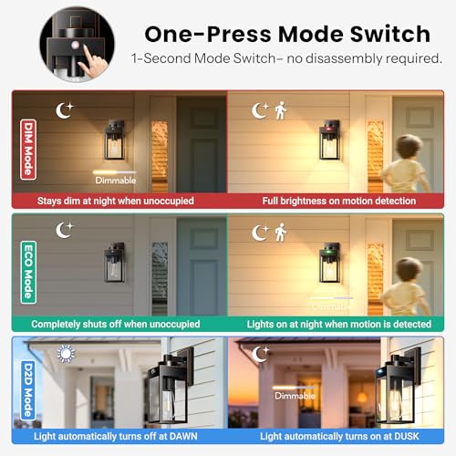 Image of Gleamz Motion Sensor Outdoor Wall Light Fixtures, Anti-Rust, Waterproof | Dusk to Dawn Modern Black Gold Trim Exterior Light Fixtures Wall Mount for House, Garage, Coach, Entryway, Waterproof, 2-Pack