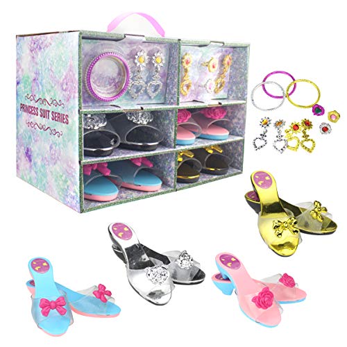 FYD Princess Dress Up Set 4 Pairs of Shoes + Fashion Jewelry Accessories Little Girl Role Play Fashion Beauty Gift Set for Girls Ages 3-10 (4 Pairs Slippers and Jewelry Set)