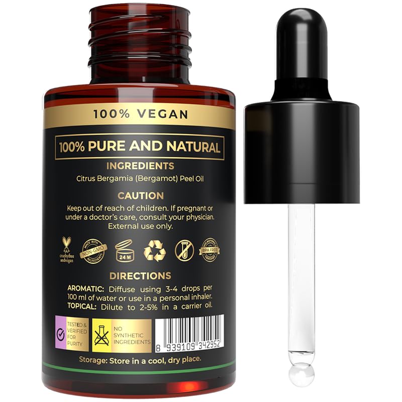 Image of 100% Plant Based Bergamot Oil for Diffuser, Skin & Hair | Premium Grade Bergamot Essential Oils for Hair Care, Home Diffusers, Aromatherapy, Massage and Humidifiers