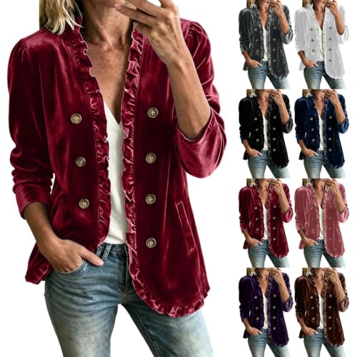 Velvet Jacket Women Velour Button Front Jackets Ruffle Trim Velvet Blazer - image 1