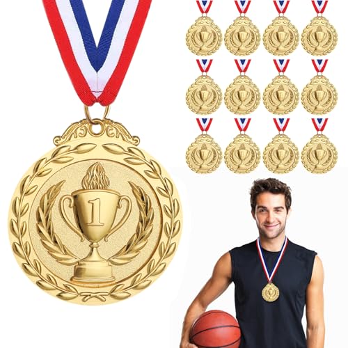 Hianjoo 12 Pcs Gold Medals for Awards 1st Place Award Medal for Teens Adults Trophy Metal Award Medals with Neck Ribbons for Tournaments Sports Competitions 2 inch