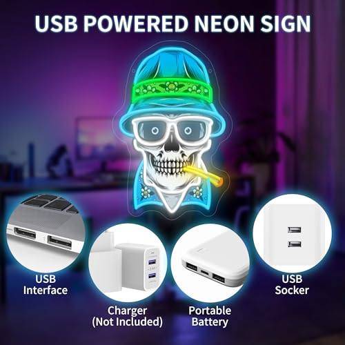 Image of Hats, Bones & Smoke Rings LED Neon Sign USB Powered for Wall Decor, Skull Neon Night Light Sign Dimmable for Boys Room Party Decor Halloween Birthday Gifts