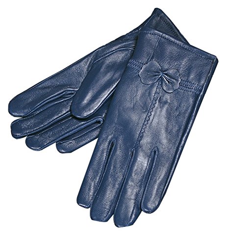 Butterme Luxury Ladies weichen Schaffell Lederhandschuhe mit Bowknot-Stich-Entwurf Fleece Futter 100% Leder Fäustlinge Marine