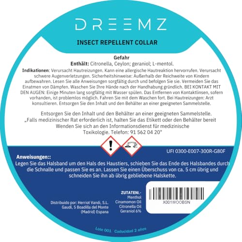 DREEMZ ® Insect Repellent Collar - Insektenschutzhalsband - Flohhalsband HundeFlohSchutz Halsband für Hunde 8 Monate Schutz - 63cm verstellbar (1 Einheiten)