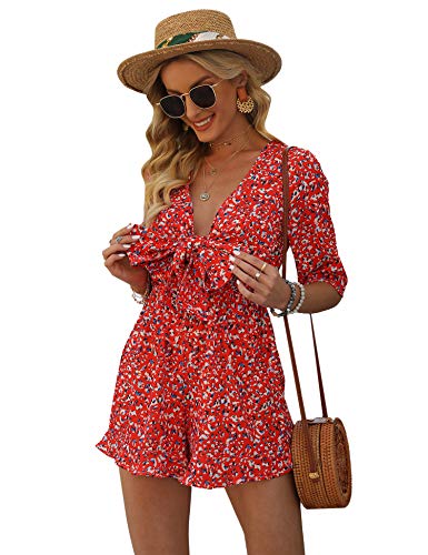 Aimcoo Women's Half Sleeve Tie Knot Front Romper Floral Print Deep V Neck Sexy Jumpsuit High Elastic Waist Ruffle Hem Rompers #TOP1