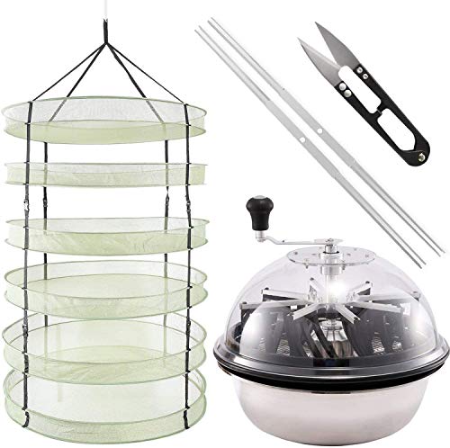 iPower 16-Inch Leaf Bowl Bud Trimmer Twisted Spin Cut for Hydroponic 3 ft Diameter 6 Layers Clip on Hanging Herb Drying Rack Net, 3FT 6L, Black&Silver