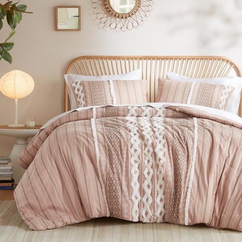 Image of INK+IVY Imani 100% Cotton Duvet Mid Century Modern Design, All Season Comforter Cover Bedding Set, Matching Shams, King /Cal King, Blush Chenille Tufted Accent 3 Piece
