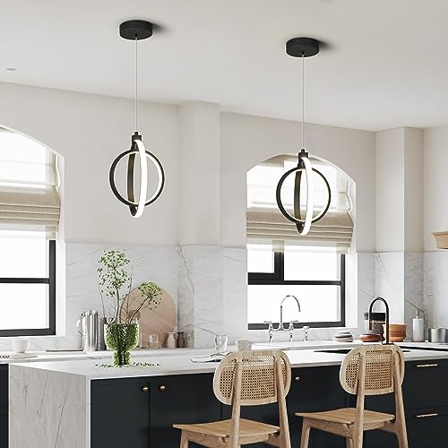 Image of Modern LED Chandelier Black Ring Pendant Light Fixtures 4000K Dimmable Height Adjustable Pendant Lighting for Dining Room Kitchen Island Bedroom Living Room Foyer(2-Pack)