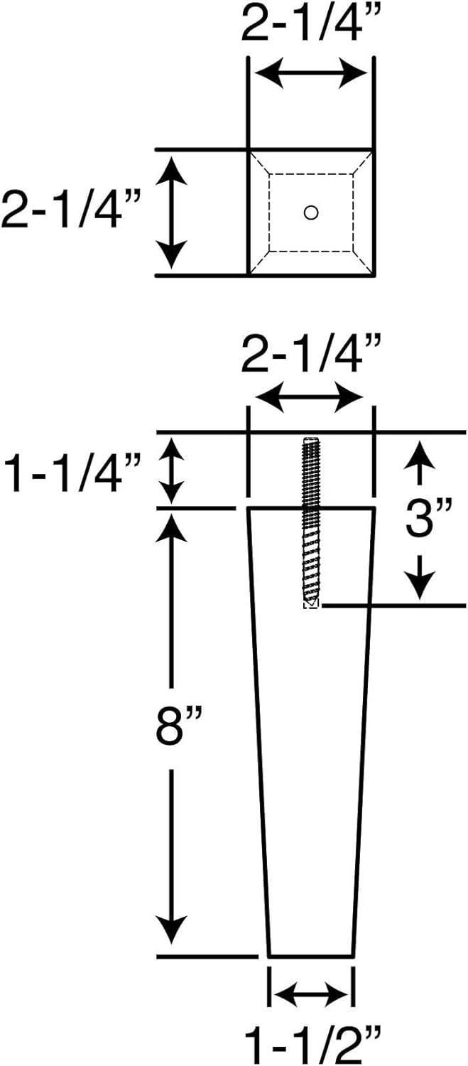 OUTWATER Architectural Products 8 in. x 2-1/4 in. Mid-Century Unfinished Hardwood Square Taper Leg (4-Pack)