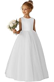 Elegant O-Neck Flower Girl Dress for Wedding Girl's Pearls Formal First Communion Dresses with Bowknot