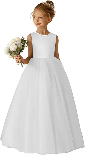 Amatesay Elegant O-Neck Flower Girl Dress for Wedding Girl's Pearls Formal First Communion Dresses with Bowknot