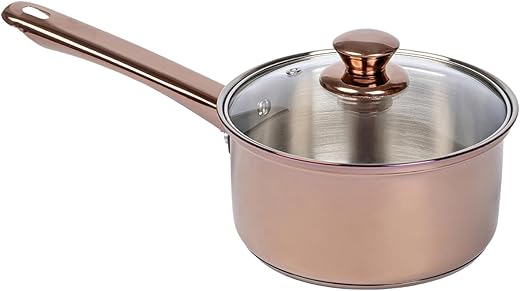 TOPSYTURVY Copper PVD Coated Stainless Steel Sauce Pan 1.5 Litre with Glass Lid | Induction & Gas Compatible Tea Pan | Milk Pan, Chai Pan, Small…