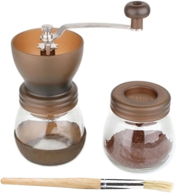 Manual Ceramic Core Coffee Grinder with Extra Glass Sealed Cans & Hand Crank & Brush, Glass Body and Heavy Duty Steel Adjustable for Coarse to Fine Grind, Brown