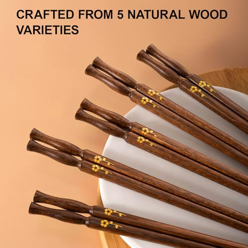 Image of MFJUNS 5 Pairs Solid Wood Chopsticks Set, Vase-Shaped Top with Flower Print, Non-Slip No Paint No Wax, Reusable Wood Chop Sticks for Kitchen Dining Sushi Ramen Gifting