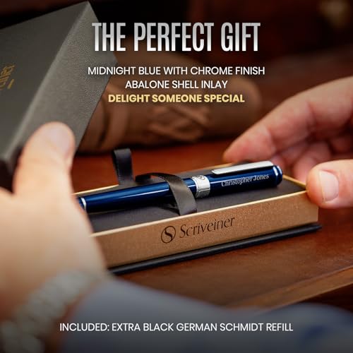 Image of Scriveiner Personalized Midnight Blue Rollerball Pen - Stunning Blue Lacquer Luxury Pen, Chrome Finish, Schmidt Ink Refill, Best Engraved Roller Ball Gift Set for Men & Women, Custom Name Engraving