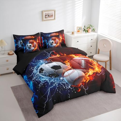 Image of Feelyou Boys Sports Comforter Set with Sheets 7 Piece Queen Size Football Baseball Soccer Bed in a Bag Kids Boys Girls Basketball Bedding Set Ball Game Sports Bedroom Decor Breathable Soft Microfiber