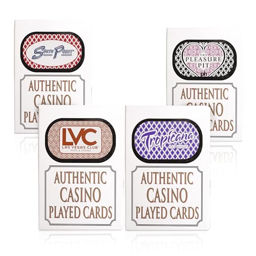 Authentic Las Vegas Casino Playing Cards - 4 Deck Bundle (No Jokers) - Used Casino Cards with Cut Corners Standard Size - Designs from Assorted Casinos - Perfect for Poker Blackjack Rummy & More