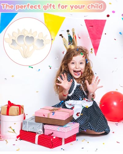 Kureny 12 Stück Einhorn Spiegel, Holz Bastelset Mit Aquarellstiften, 24 Stück DIY Holzspiegel Handwerk, Basteln Mit Griff, Bastelset Kindergeburtstag, Kinder Geschenk Party