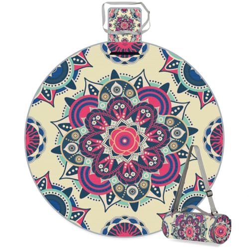 Shimoshe Ethnic Floral Mandala Pattern Picnic Outdoor Blanket Foldable Waterproof Sandproof Beach Blanket Portable Water-Resistant Round Picnic Mat for Travel Camping Park Lawn