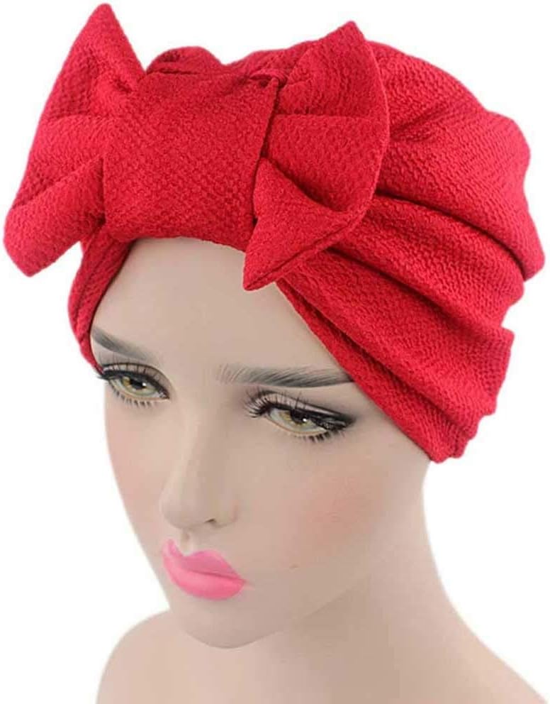Solid Bonnet Womens Big Bowknot Stretch Hijab Turban Hat Scarf Headwear Cap Wrap Chemo Beanies Bows Hair Accessories(A)