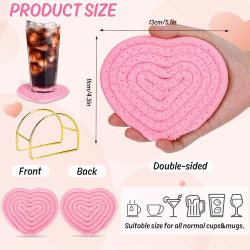 Dessous de verre en cœur rose tressé en coton avec support par 4 - 3