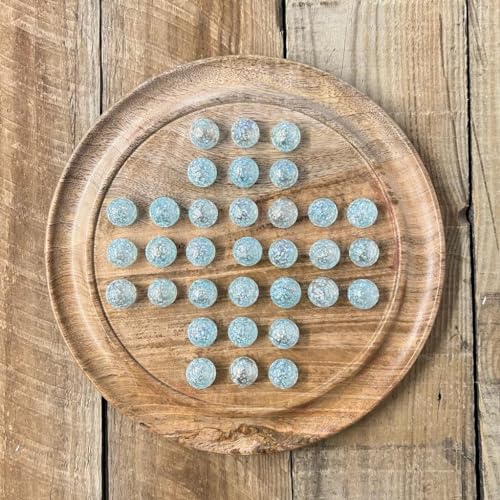 Thorness Solitär - Strategie-Brettspiel für Erwachsene, Einzelspieler, 30 cm Durchmesser, mit 32 Schneeflocken-Glasmurmeln, aus Mango-Holz, für Gelegenheitsspieler und Fortgeschrittene