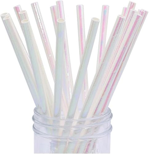 Pajitas de papel blanco iridiscente, paquete de 100 unidades, desechables de unicornio para suministros de fiesta, sin plástico, papel de aluminio,