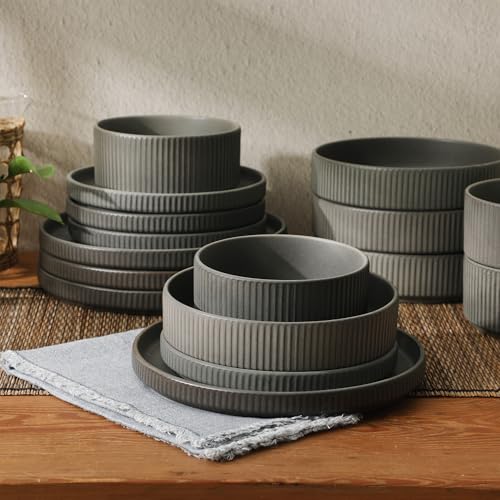 Image of Gibson Elite Deerfield 16-Piece Stoneware Dinnerware Set - Soft Grey Reactive Glaze, Stackable Plates and Bowls, Service for 4 - Microwave & Dishwasher Safe