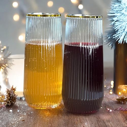 Image of 48 Pack Stemless Disposable Plastic Champagne Flutes, Gold Rim Wine Cups