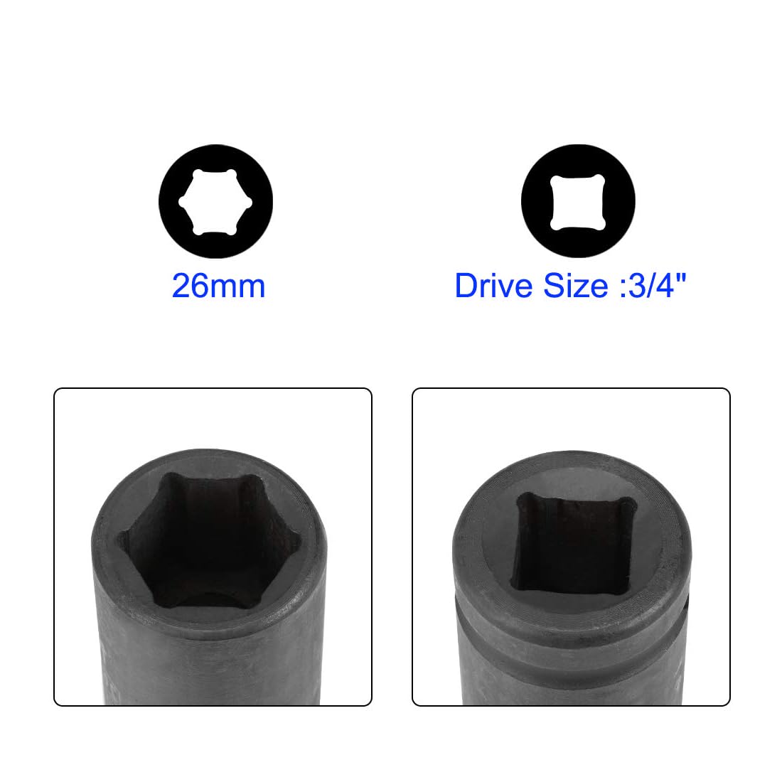 Unifizz 3/4 Inch Drive - 26mm Deep Impact Socket with 6 Point Design, Heat-Treated Cr-V Steel 78mm Length, Metric Sizes - Image 3