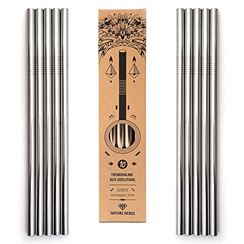 Nature Nerds - pailles à boire réutilisables en acier inoxydable (10 pièces + brosse de nettoyage) tubes à boire - emballés sans plastique - (droits)