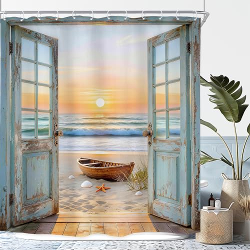 Image of Riyidecor Beach Ocean Shower Curtain 72Wx72H Inch Rustic Blue Seaside Barn Door Sea Sunset Scenery Sandbeach Hawaii Wood Landscape Natural Bathroom Decor Fabric Polyester Waterproof 12 Pack Hooks