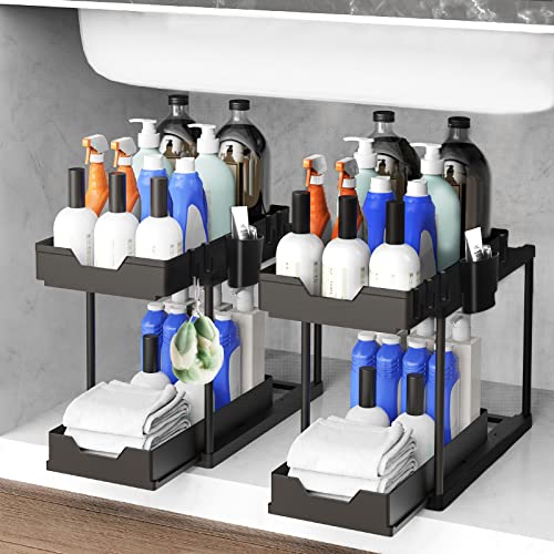 Verdenu 2 Pack Étagère sous lavabo, 2 niveaux d'étagère extractible pour évier, rangement sous évier, avec 8 crochets et 2 gobelet suspendu, Under Sink Organizer pour cuisines, salles de bains
