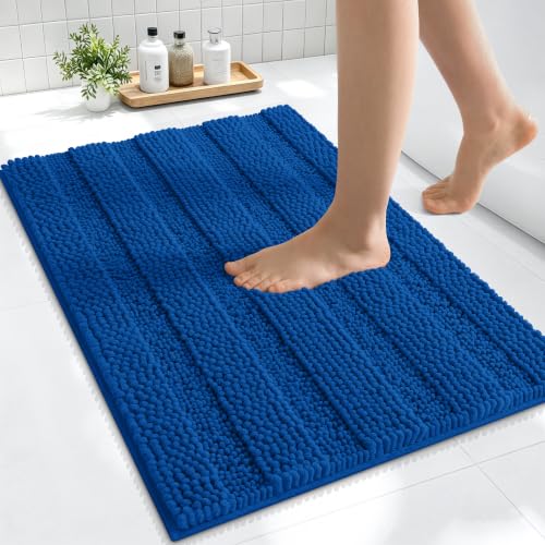 Image of Smiry Thick Small Chenille Bathroom Rugs 24x16, Extra Absorbent Striped Bath Mat, Machine Washable, Rubber Backing, Bath Rugs for Bathroom, Tub & Shower, Home Decor Accessories, Deep Navy Blue