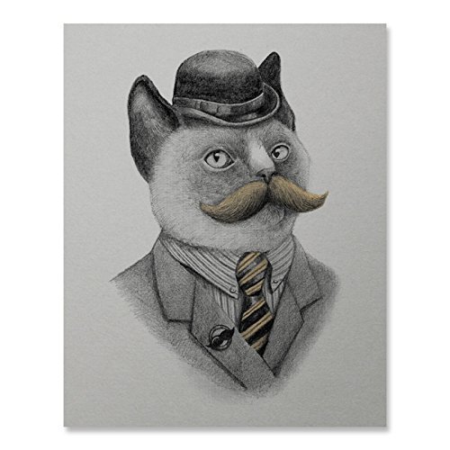 Dapper Mustached Cat Art Print Funny Vintage Persian Siamese Kitten Feline Animal Lover