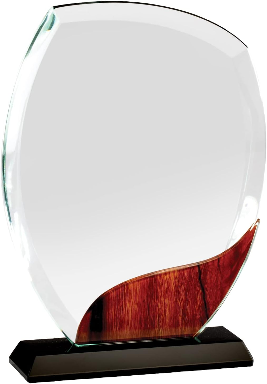 SHOP AWARDS AND GIFTS Optical Crystal Beveled Round Award with Wood Grain Accent on Black Base, Multiple Sizes, Can Be Personalized