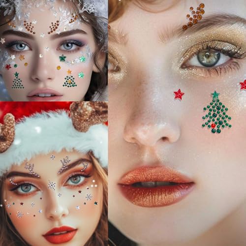 Image of NOOEPC Christmas Makeup Face Gems Hair Gems, Self-Adhesive Face Jewels Face Gems Stick on, 3D Christmas Elements, Christmas Tree Shape, Snowflakes, Rave Accessories for Face Eyes Makeup Body, Crafts
