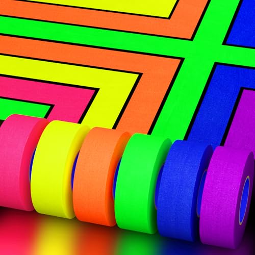 Image of SWRT Neon Gaffer Cloth UV Blacklight Tape for Father's Day Decorations, 6 Rolls Multi-Color UV Fluorescent Glow in The Dark Tape for Party Decoration, Dance Floors, UV Party (1 inch x 33 feet)