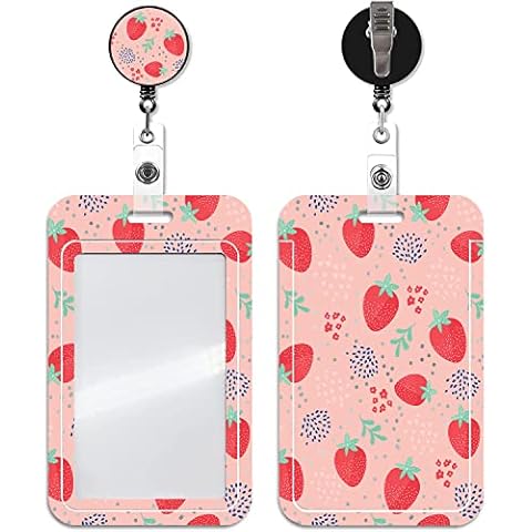 Strawberry Pink Retractable Badge Holder with Alligator Clip, Worker Badge Belt Ferrule Cute Id Card Holder Name Badge Reel for Women Work Nurse Doctor Teacher Student Cover