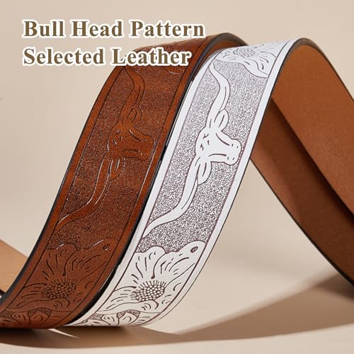 Women Western Cowboy Belt PU-Leather Floral Engraved-Longhorn-Bull-Buckle-Belts for Jeans Dresses,White b,130CM/51.2''3
