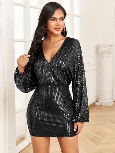 ZAFUL Women's Sequin Saprkly Mini Dress Long Sleeve Homecoming V Neck Bodycon Dress Party Prom Cocktail Glitter Dress4