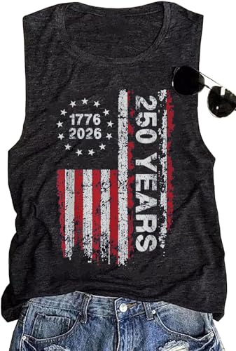 INEOYIYA 250 Anniversary USA Shirt Women 4th of July Tank Tops 1776-2026 American Flag Patriotic Tee Shirts (US, Alpha, X-Large, Regular, Regular, Charcoal Grey)