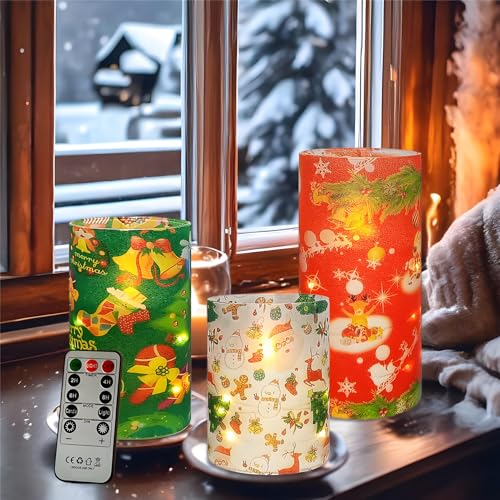 Image of Floral Flameless Candles with String Lights - 3pcs Battery Operated Candle Flickering Christmas LED Pillar Candles with Timer Remote for Home Decor Romantic Ambiance,CH