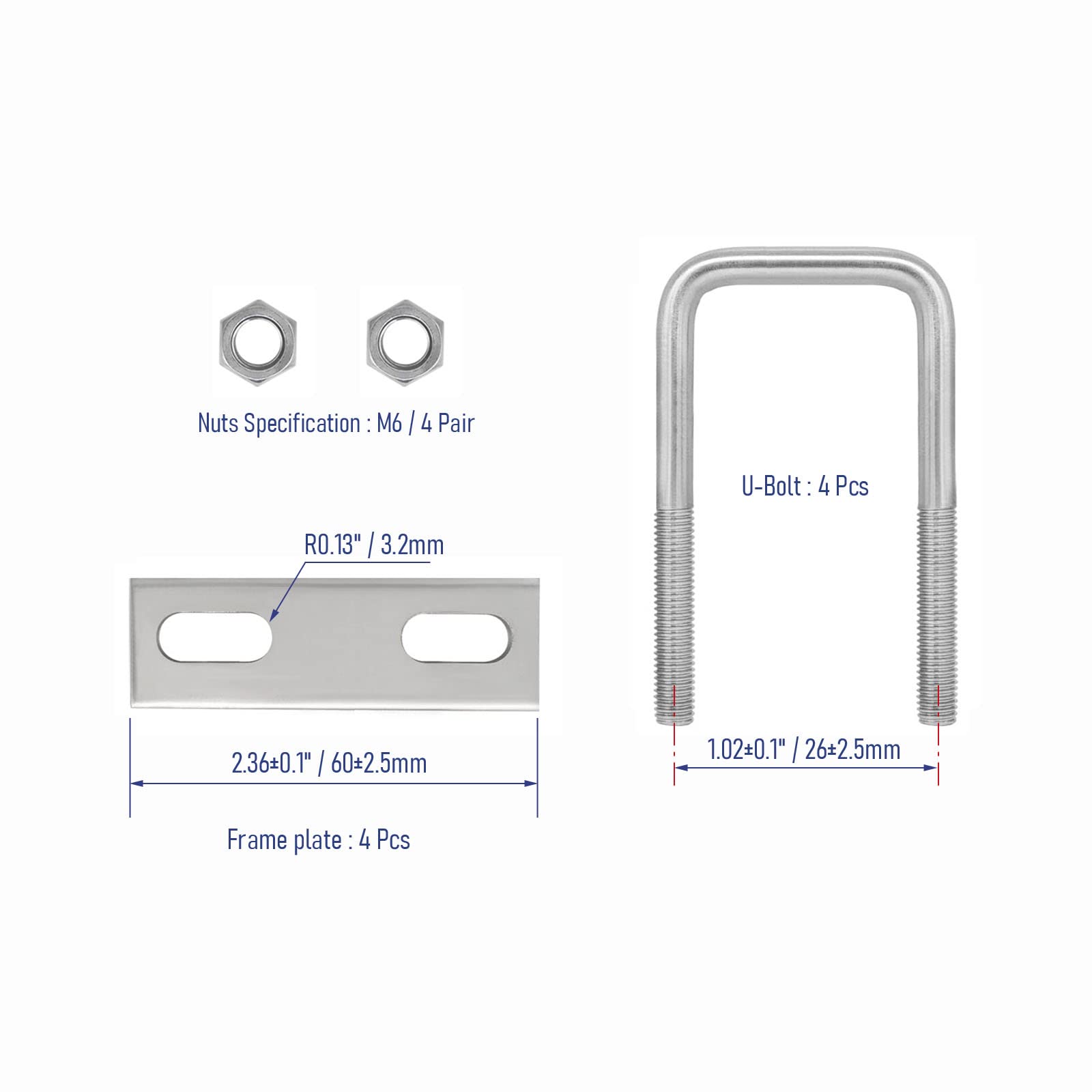 Trailer U Bolts 4-Pack 304 Stainless Steel U-Bolts – 61mm X 100mm