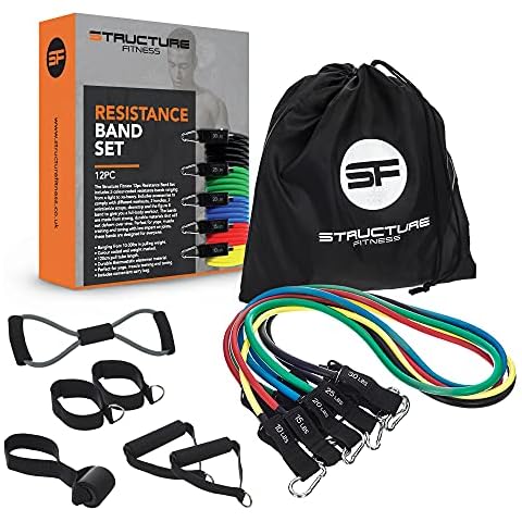 Structure Fitness 12pc Resistance Band Set With Handles 5pc Colour Code Workout Tubes Instruction Guide Perfect For Home Outdoor Gym Training Body Toning Strength Weight Loss Mobility Cover