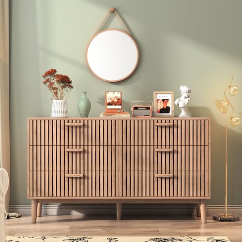 TDRTRD Commode à 6 tiroirs, Commode en Bois Style bohème, Design Creux, Meuble de Rangement Multifonction avec poignée en Bois et Pieds de Support pour...