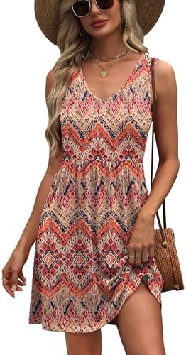 WIHOLL Women's Casual Summer Sleeveless V Neck Dresses with Pockets Flowy A-Line Sundresses Beach Vacation Clothes